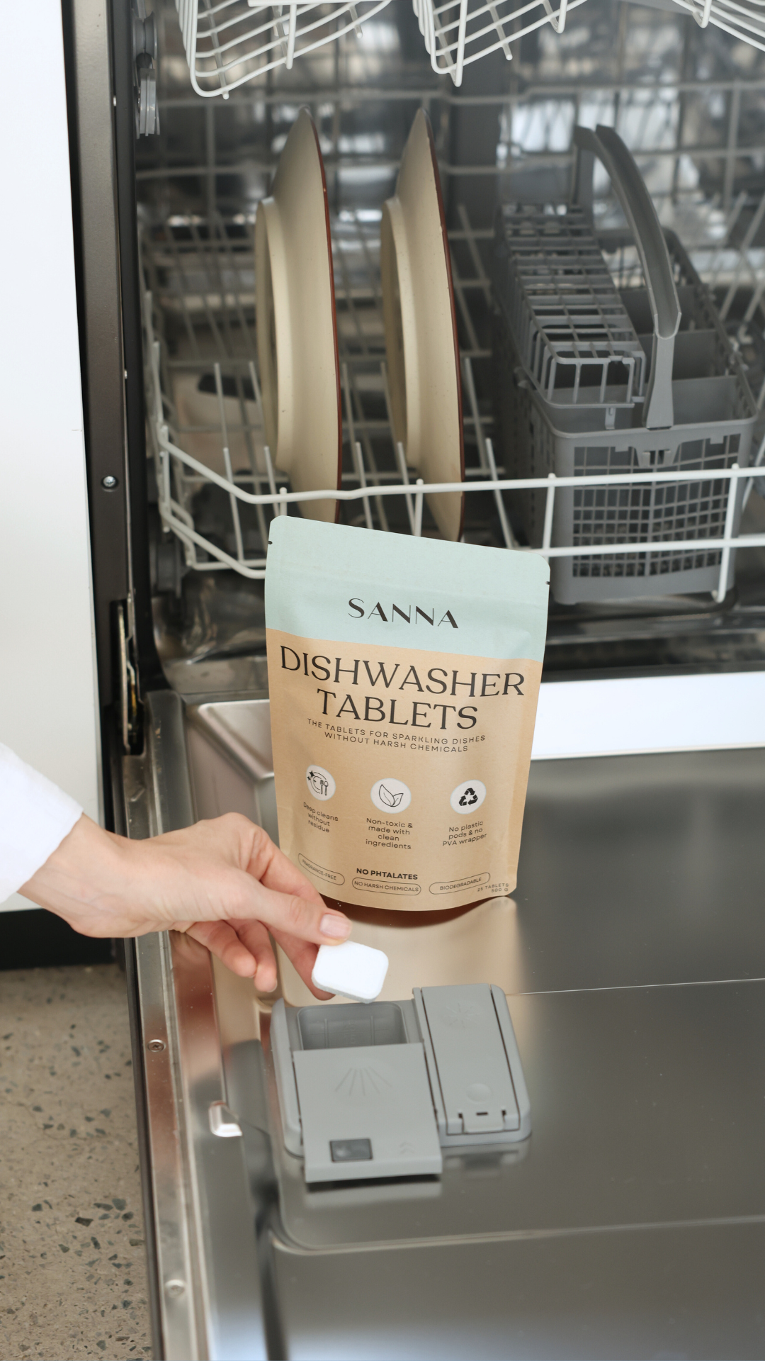 Eco-friendly dishwasher tablet that is plastic-free fragrance-free and dye-free