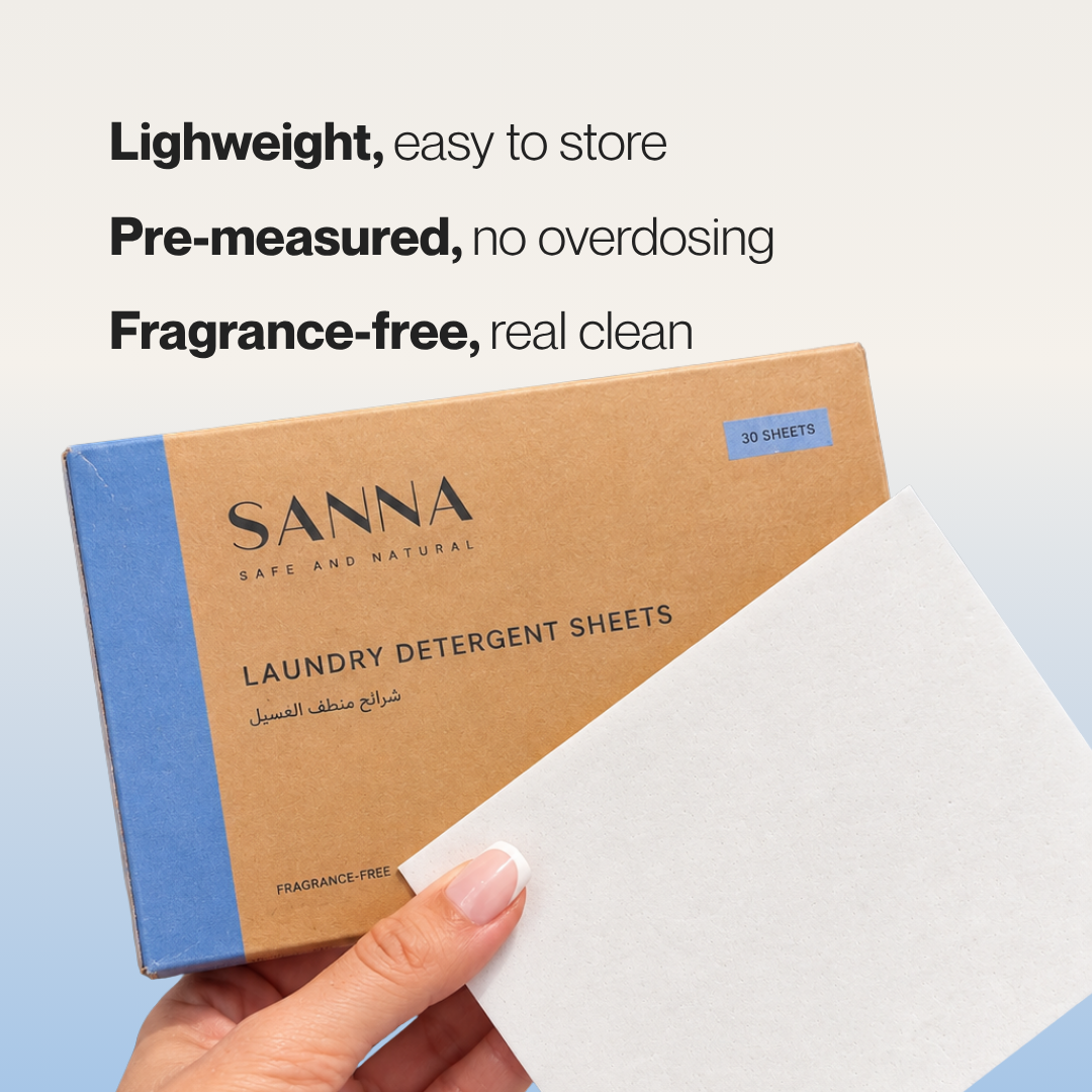 SANNA fragrance-free laundry detergent sheets, lightweight and pre-measured for easy washing