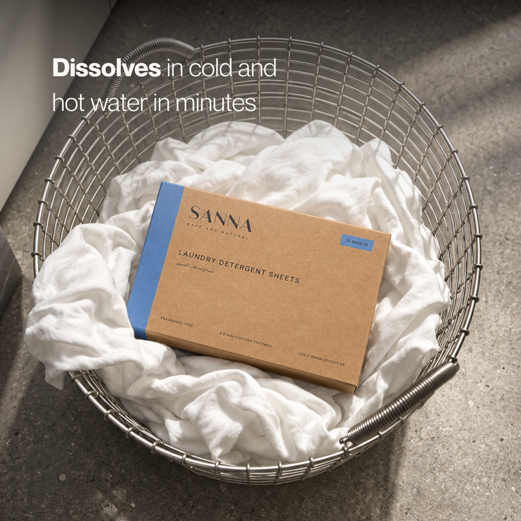 SANNA laundry detergent sheets in a laundry basket, suitable for cold and hot water washing