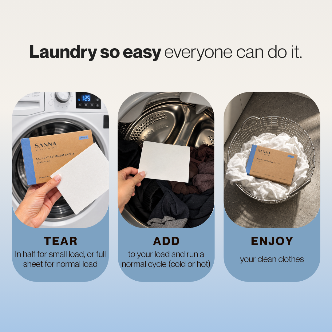 How to use SANNA laundry detergent sheets in a washing machine, with three simple steps