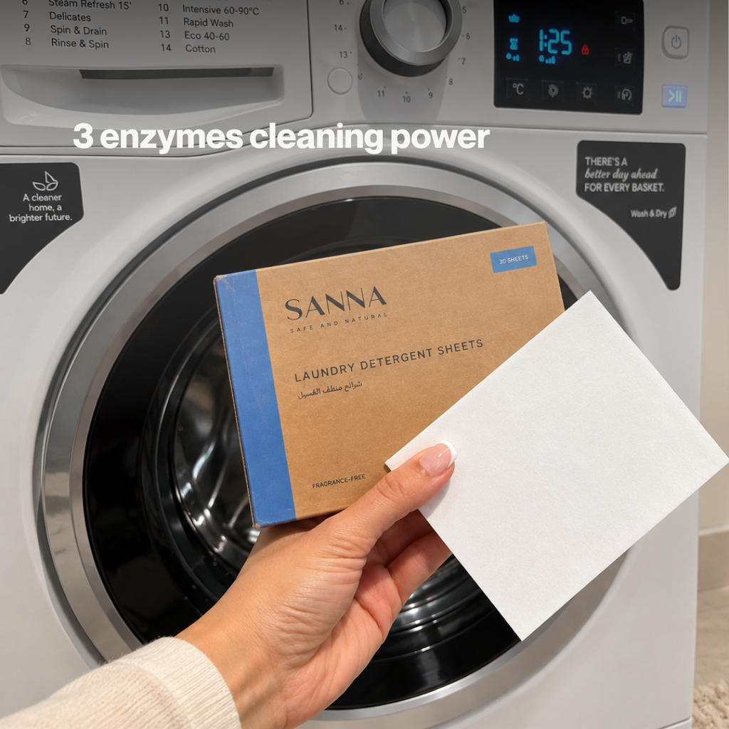 SANNA laundry detergent sheets with three cleaning enzymes, shown beside a washing machine