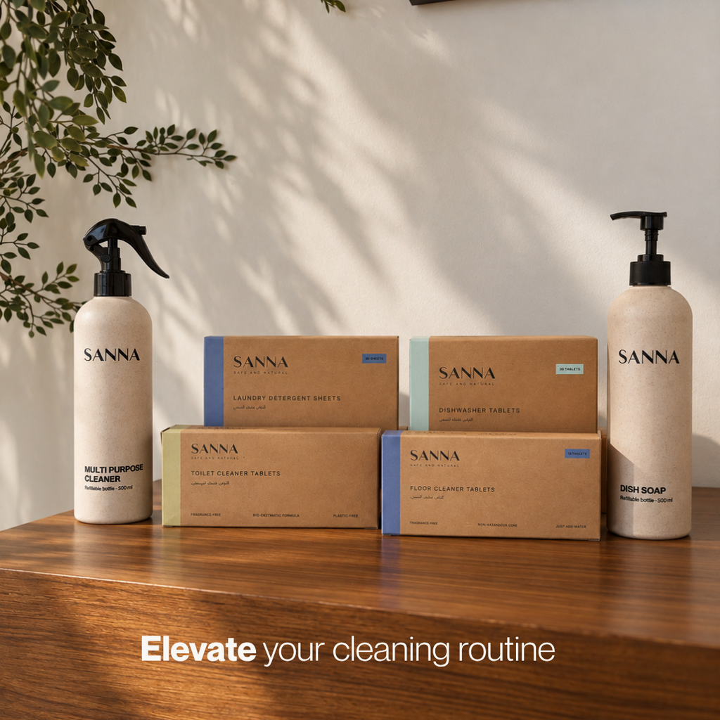SANNA fragrance-free home cleaning range including laundry sheets, dishwasher, dish soap, multi-purpose cleaner and floor cleaner tablets