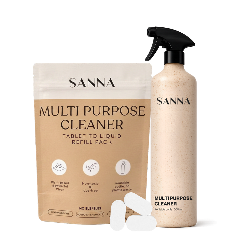 SANNA multi-purpose cleaner bottles and tablets, eco-friendly plant-based non-toxic all-purpose cleaner