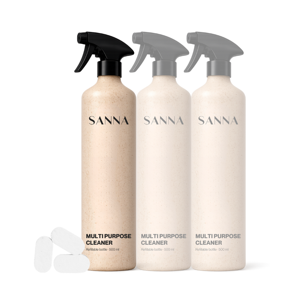 SANNA multi-purpose cleaner bottles and tablets, eco-friendly plant-based non-toxic