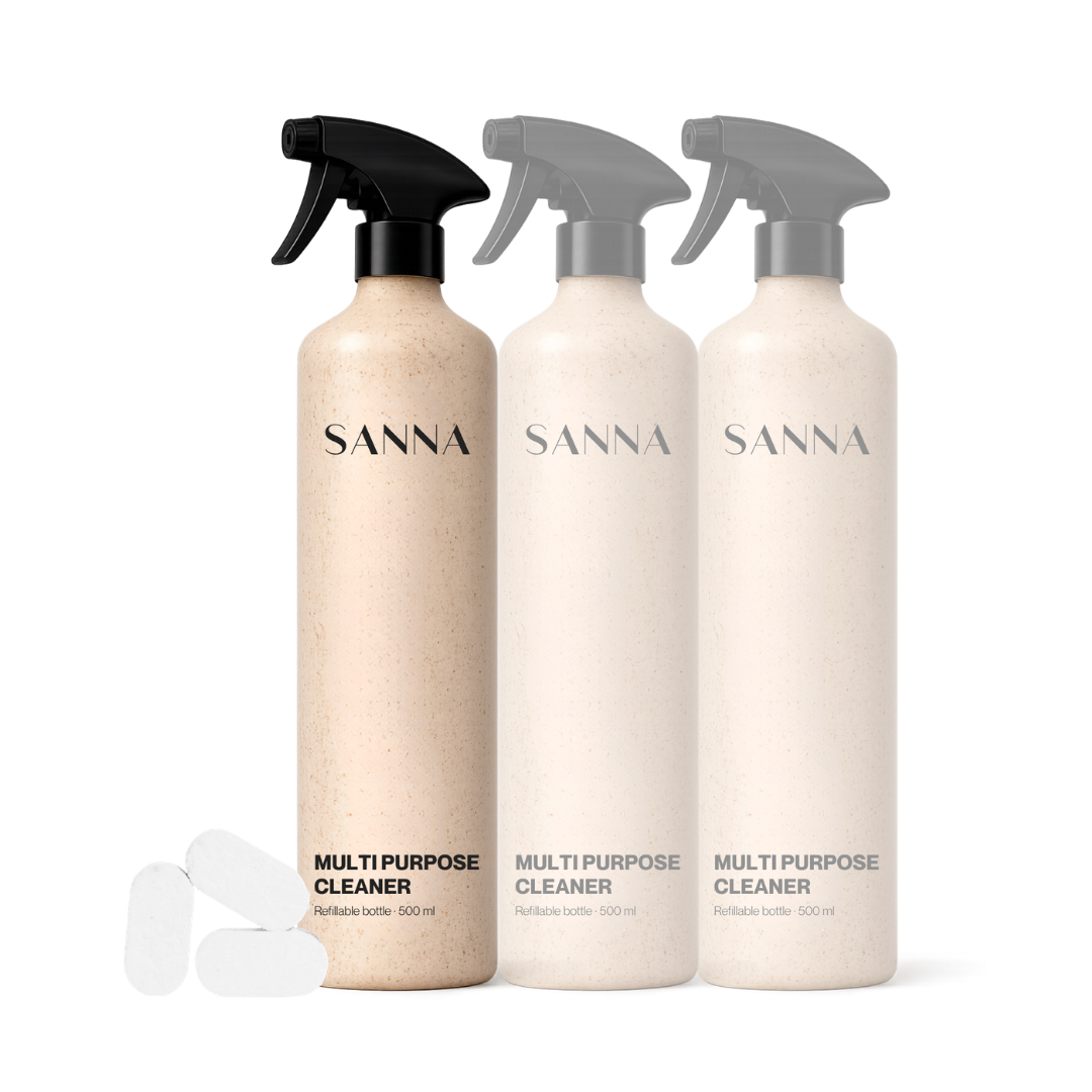 SANNA multi-purpose cleaner bottles and tablets, eco-friendly plant-based non-toxic